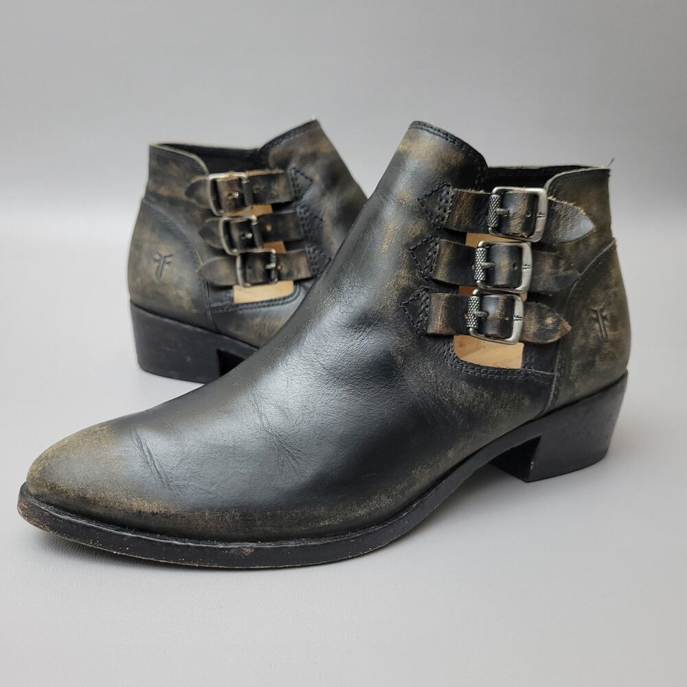 Frye Black Distressed Leather Triple-Buckle Ankle Booties